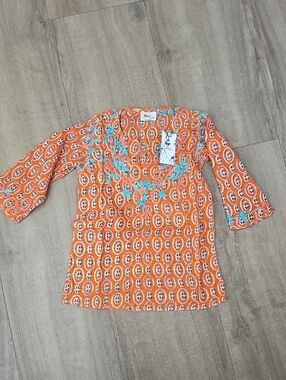 Raj Kids Orange Patterned Embroidered Tunic Top Size 6-8 Years